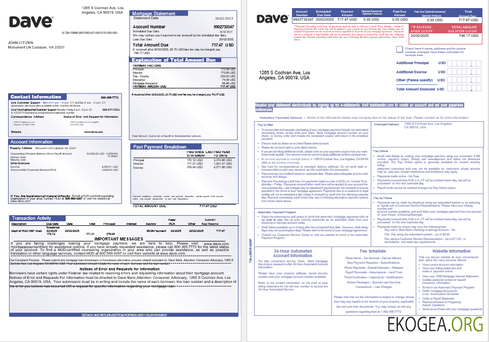 Relevé hypothécaire de la banque USA Dave aux formats Word et PDF, 3 pages 1 , 2